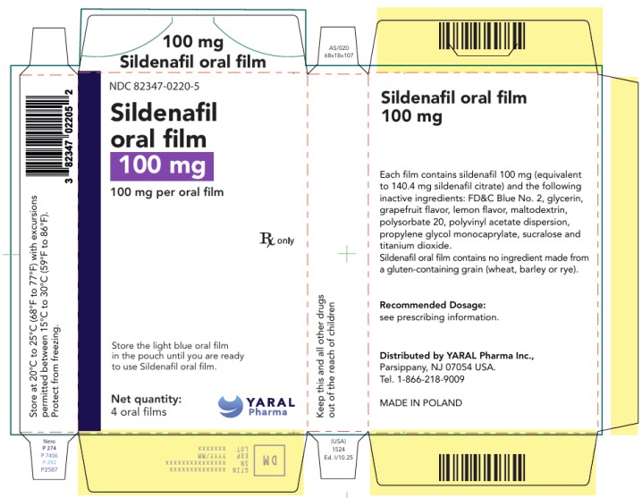 PRINCIPAL DISPLAY PANEL
NDC: <a href=/NDC/82347-0220-5>82347-0220-5</a>
100 mg
Sildenafil oral film
100 mg per oral film
