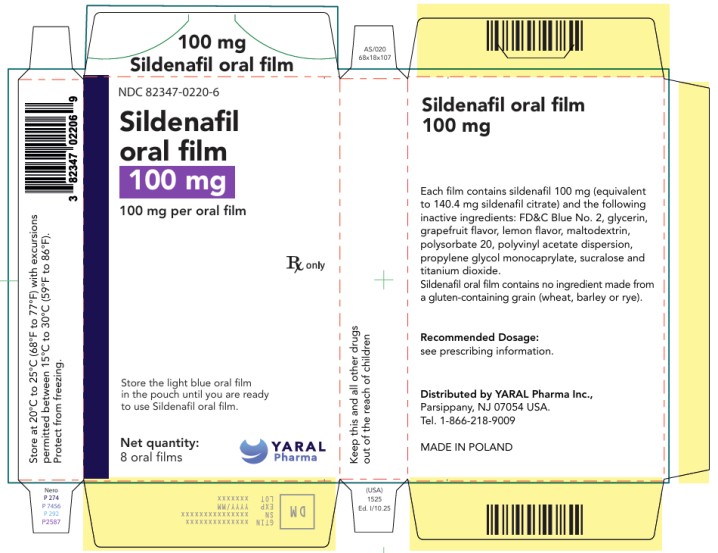 PRINCIPAL DISPLAY PANEL
NDC: <a href=/NDC/82347-0220-6>82347-0220-6</a>
100 mg
Sildenafil oral film
100 mg per oral film
