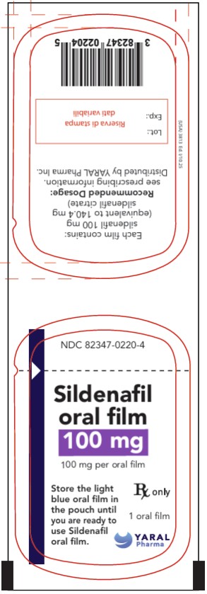 PRINCIPAL DISPLAY PANEL
NDC: <a href=/NDC/82347-0220-4>82347-0220-4</a>
100 mg
Sildenafil oral film
100 mg per oral film
