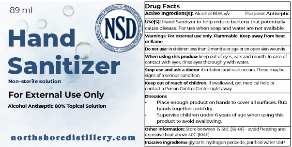Non-sterile solution  For External Use Only  Alcohol Antiseptic 80% Topical Solution  northshoredistillery.com  89 ml (sample volume)