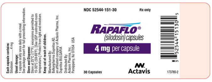 Rapaflo® (silodosin)
4mg x 30 capsules
NDC: <a href=/NDC/52544-151-30>52544-151-30</a>
