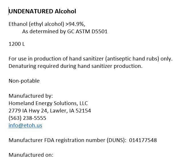 Undenatured Alcohol Label 1200L
