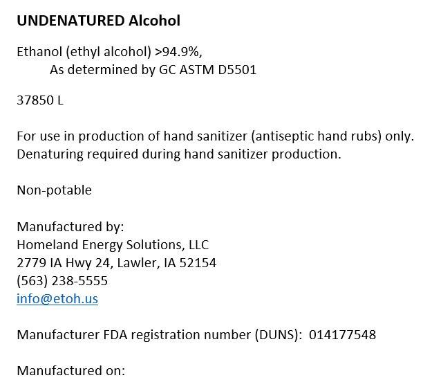 Undenatured Alcohol Label 37850L