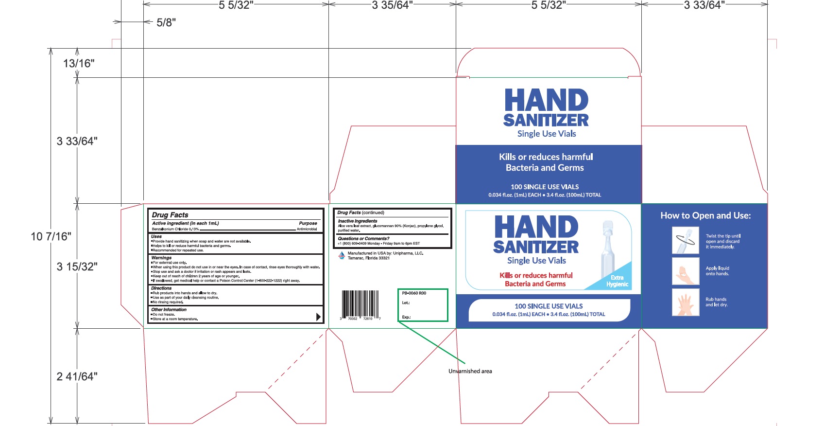 Hand Sanitizer 100 Single use vials x 1mL ea