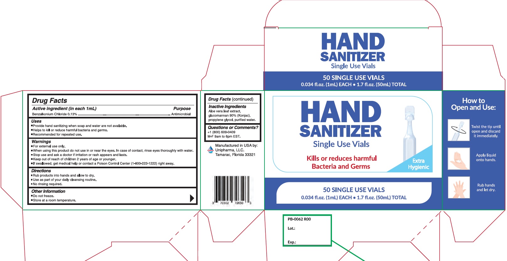Hand Sanitizer 50 Single Use Vials x 1mL ea