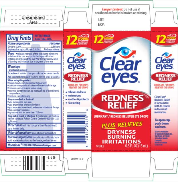 Clear eyes REDNESS RELIEF
LUBRICANT/REDNESS RELIEVER EYE DROPS
Sterile 0.5 FL OZ (15 mL)

