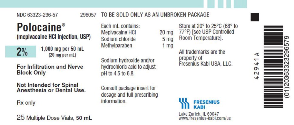 PACKAGE LABEL - PRINCIPAL DISPLAY - Polocaine 50 mL Multiple Dose Vial Tray Label NDC: <a href=/NDC/63323-296-57>63323-296-57</a>

