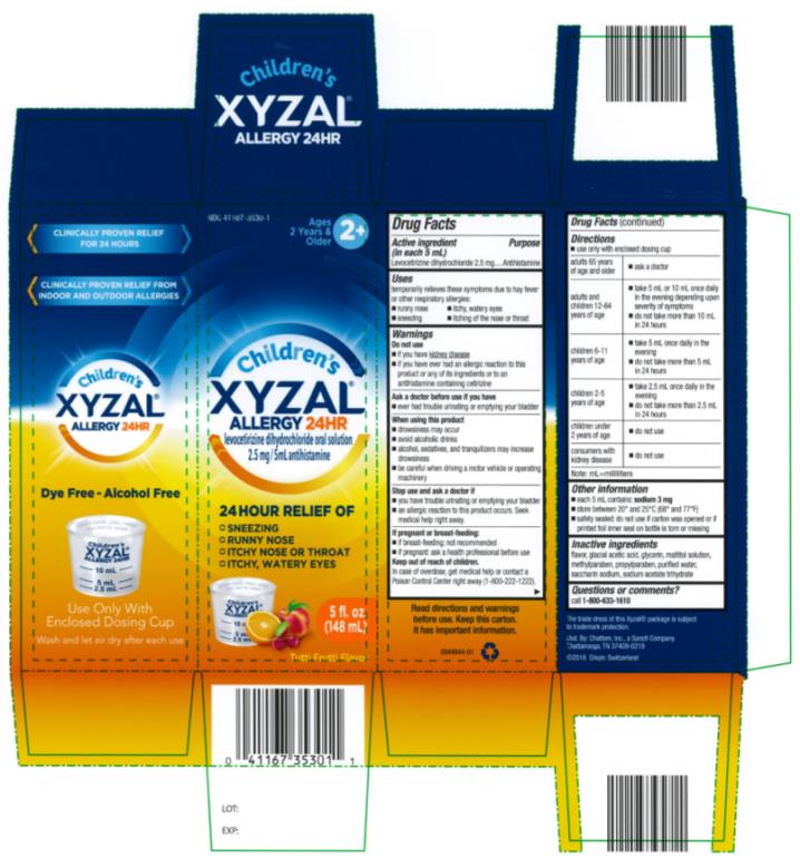 NDC: <a href=/NDC/41167-3530-1>41167-3530-1</a>
Children’s
XYZAL
Allergy 24HR
5 fl. oz.
(148 mL)
Tutti Frutti Flavor
