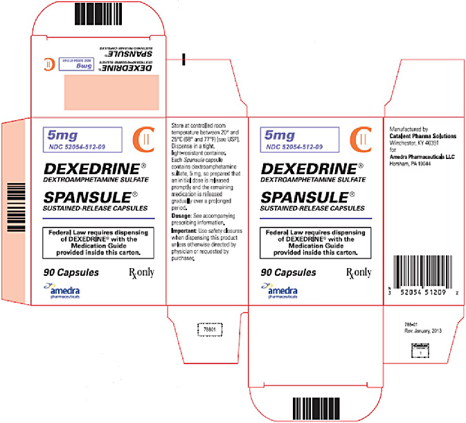 5 mg NDC: <a href=/NDC/52054-512-09>52054-512-09</a> DEXEDRINE® DEXTROAMPHETAMINE SULFATE SPANSULE® SUSTAINED-RELEASE CAPSULES CII