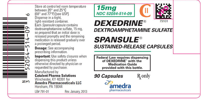 15 mg NDC: <a href=/NDC/52054-514-09>52054-514-09</a> DEXEDRINE® DEXTROAMPHETAMINE SULFATE SPANSULE® SUSTAINED-RELEASE CAPSULES CII