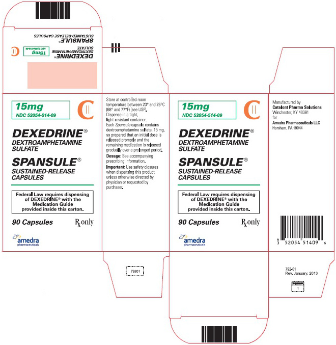 15 mg NDC: <a href=/NDC/52054-514-09>52054-514-09</a> DEXEDRINE® DEXTROAMPHETAMINE SULFATE SPANSULE® SUSTAINED-RELEASE CAPSULES CII