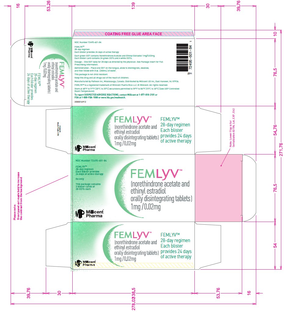 Femlyv (norethindrone acetate and ethinyl estradiol orally disintegrating tablets) 1mg/0.02mg carton label