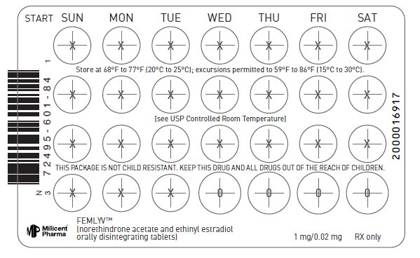 Femlyv (norethindrone acetate and ethinyl estradiol orally disintegrating tablets) 1mg/0.02mg blister card label