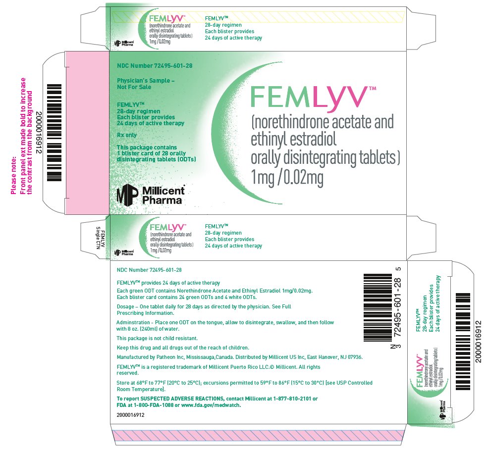 Femlyv (norethindrone acetate and ethinyl estradiol orally disintegrating tablets) 1mg/0.02mg Physician's Sample carton label