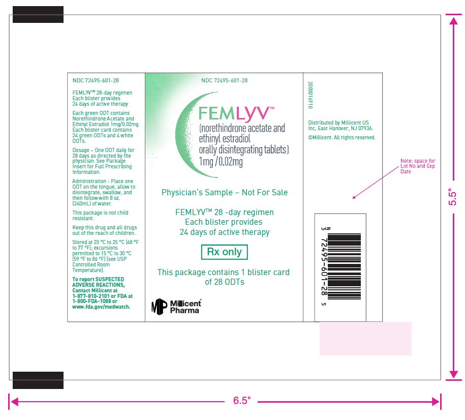 Femlyv (norethindrone acetate and ethinyl estradiol orally disintegrating tablets) 1mg/0.02mg Physician's Sample pouch label