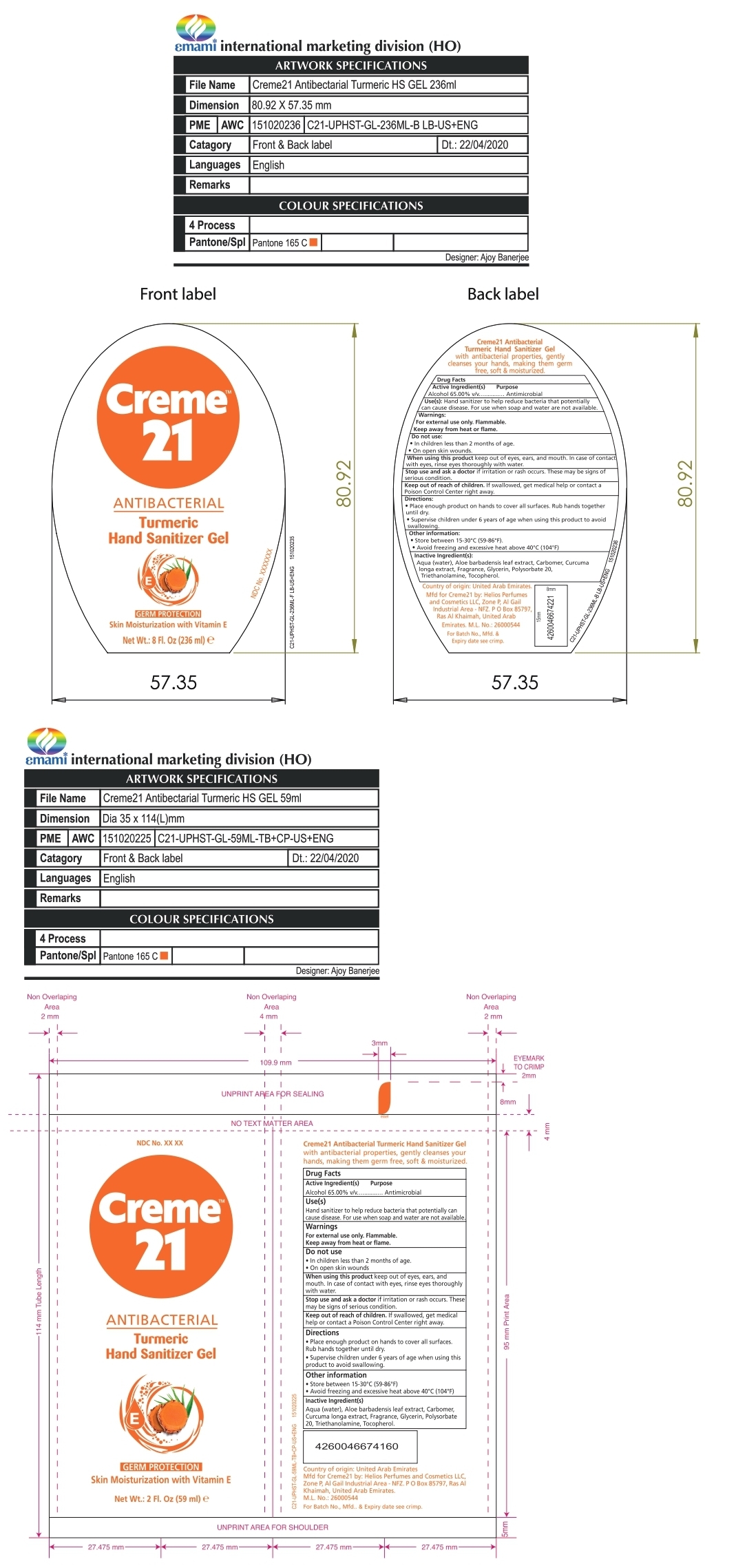 Creme 21 antibacterial turmeric hand sanitizer gel label