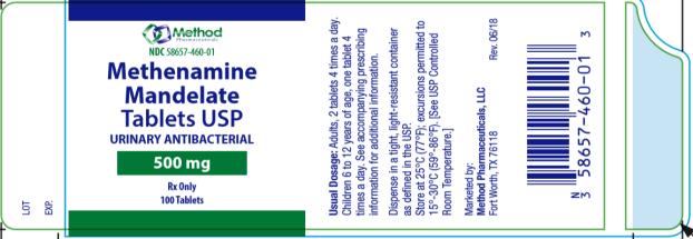 NDC: <a href=/NDC/58657-460-01>58657-460-01</a>
Methenamine
Mandelate
Tablets USP
URINARY ANTIBACTERIAL 
500 mg
Rx Only
100 Tablets
