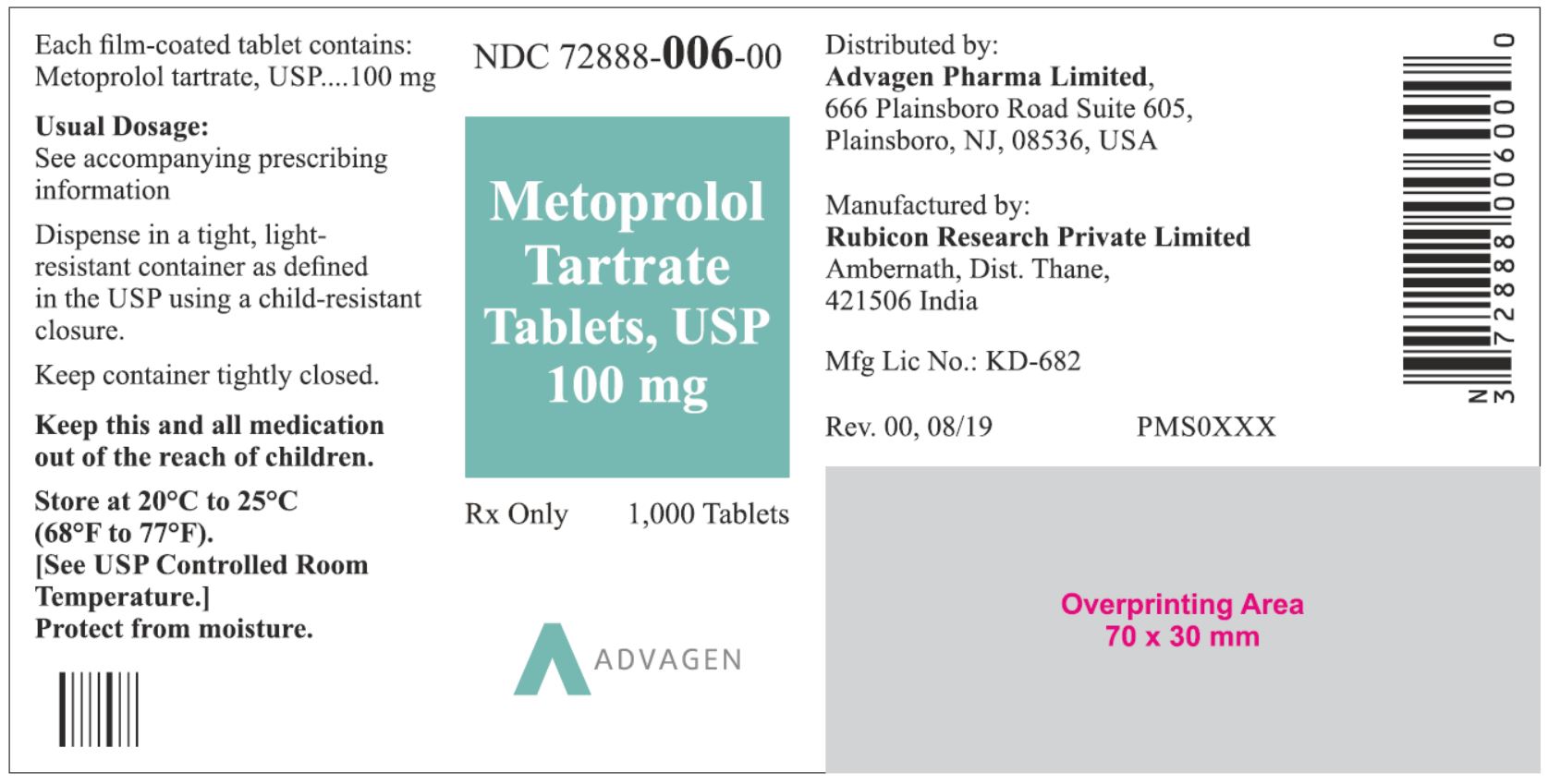 NDC: <a href=/NDC/72888-006-00>72888-006-00</a> - Metoprolol Tartrate Tablets, USP 100 mg - 1000 Tablets
