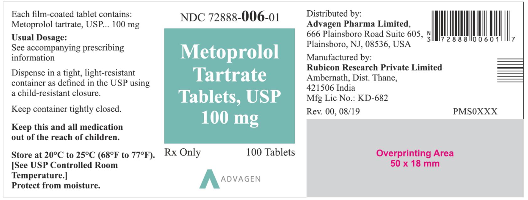 NDC: <a href=/NDC/72888-006-01>72888-006-01</a> - Metoprolol Tartrate Tablets, USP 100 mg - 100 Tablets