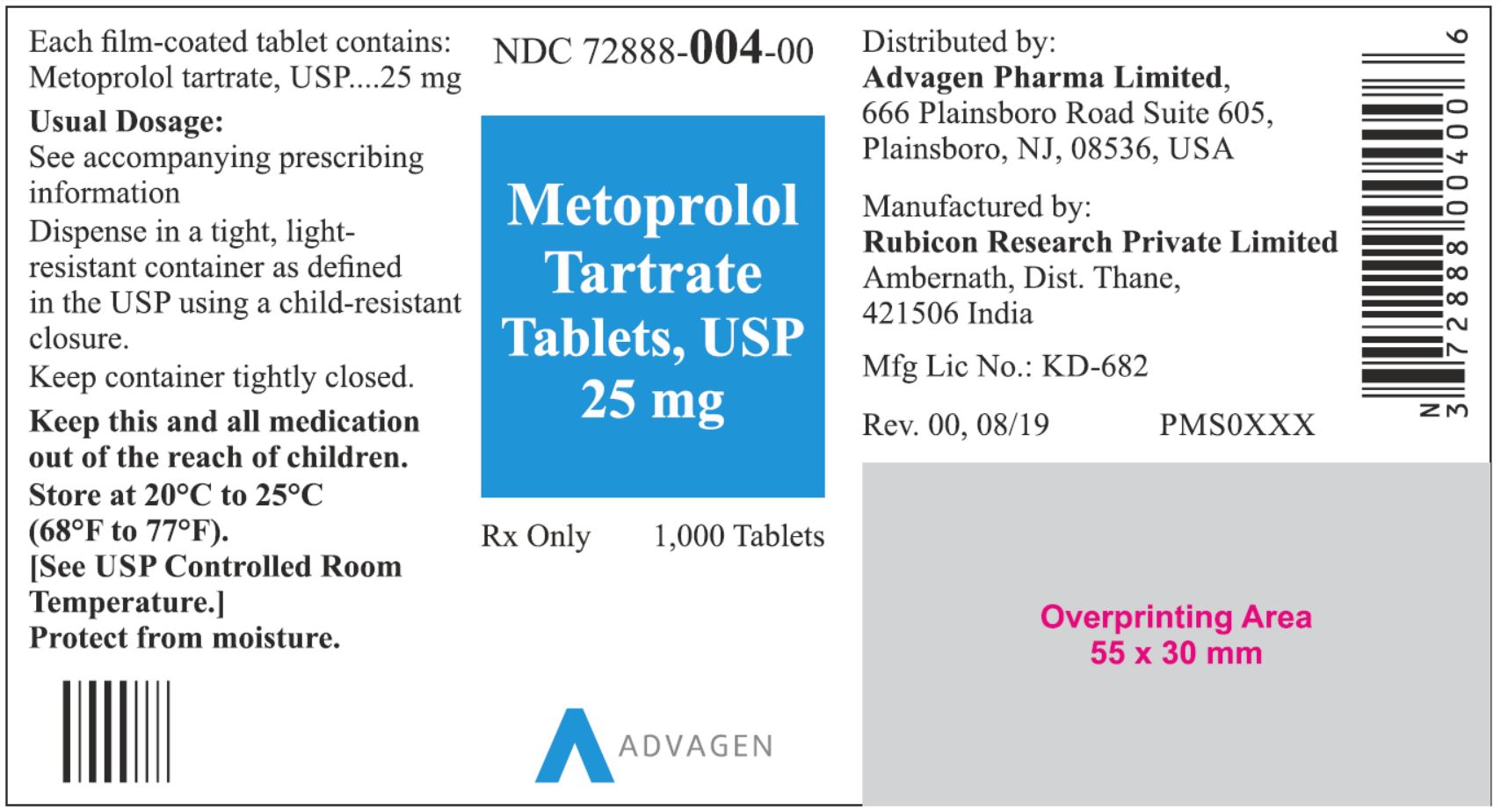 NDC: <a href=/NDC/72888-004-00>72888-004-00</a> - Metoprolol Tartrate Tablets, USP 25 mg - 1000 Tablets