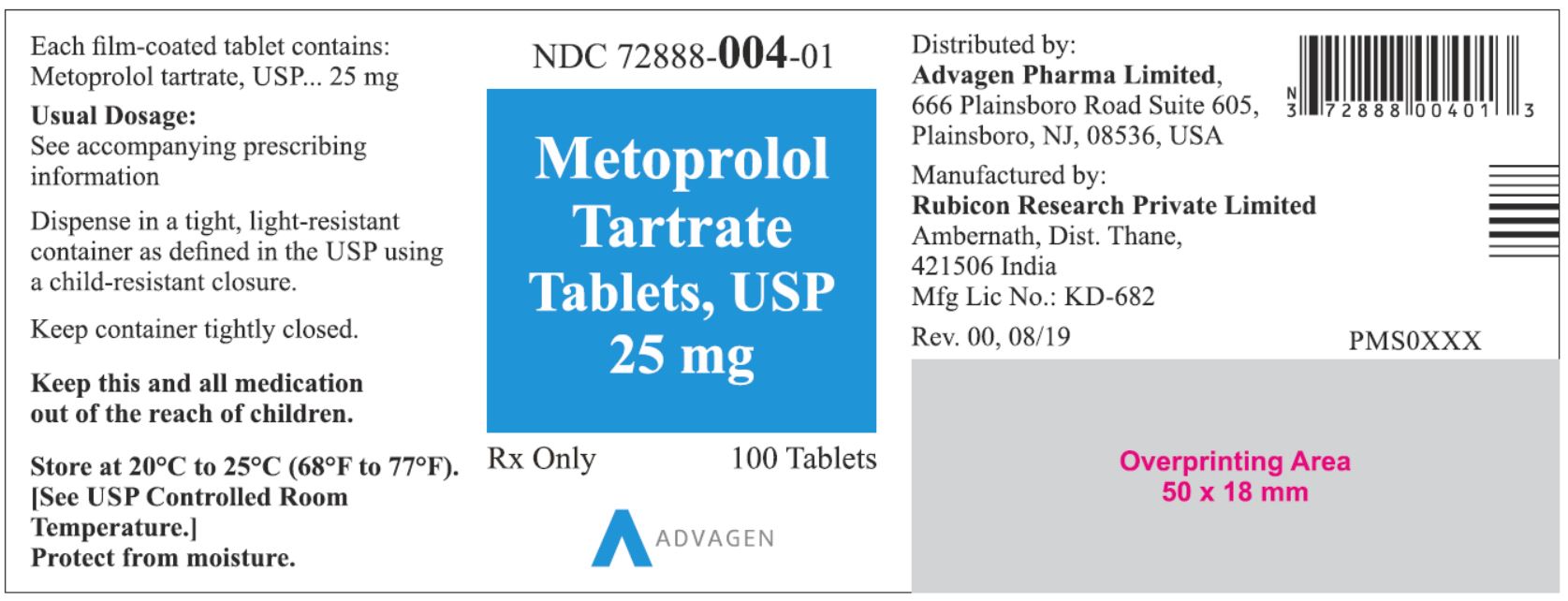 NDC: <a href=/NDC/72888-004-01>72888-004-01</a> - Metoprolol Tartrate Tablets, USP 25 mg - 100 Tablets