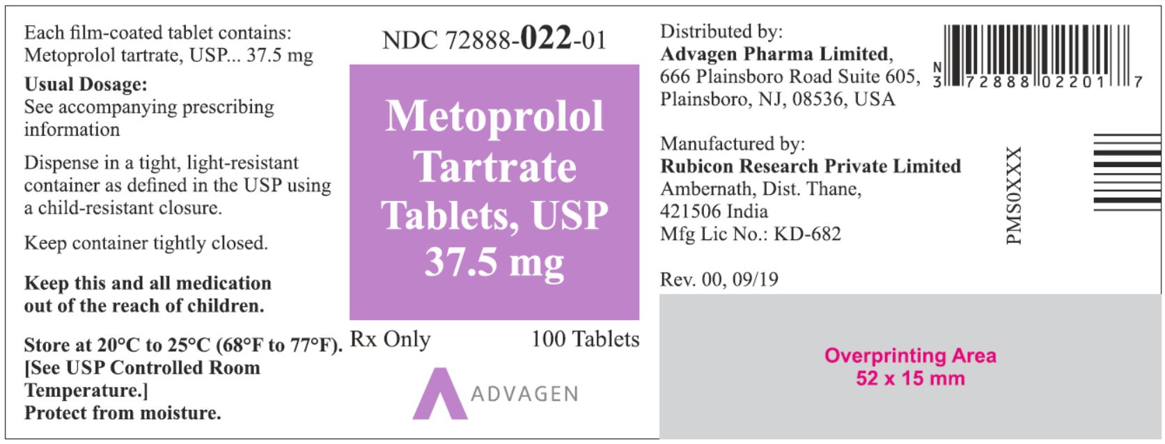 NDC: <a href=/NDC/72888-022-01>72888-022-01</a> - Metoprolol Tartrate Tablets, USP 37.5 mg - 100 Tablets