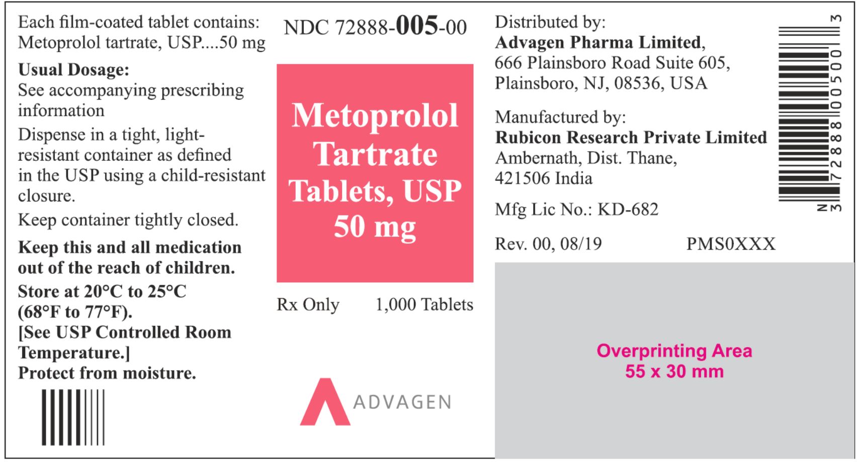 NDC: <a href=/NDC/72888-005-00>72888-005-00</a> - Metoprolol Tartrate Tablets, USP 50 mg - 1000 Tablets
