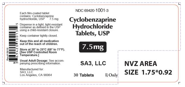 NDC: <a href=/NDC/69420-1001-3>69420-1001-3</a>
Cyclobenzaprine
Hydrochloride
Tablets, USP
7.5 mg
Rx only
30 Tablets

