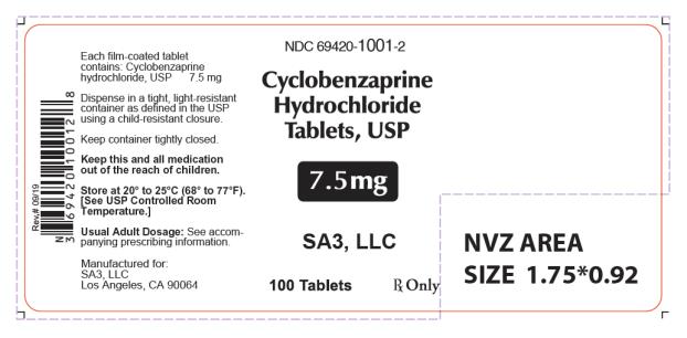 NDC: <a href=/NDC/69420-1001-2>69420-1001-2</a>
Cyclobenzaprine
Hydrochloride
Tablets, USP
7.5 mg
Rx only
100 Tablets
