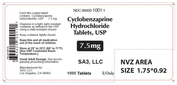 NDC: <a href=/NDC/69420-1001-1>69420-1001-1</a>
Cyclobenzaprine
Hydrochloride
Tablets, USP
7.5 mg
Rx only
1000 Tablets
