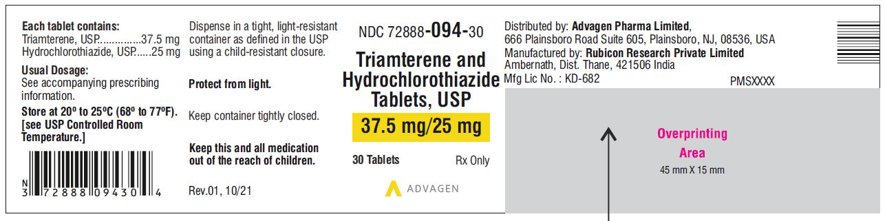 Triamterene and Hydrochlorothiazide Tablets, USP 37.5mg/25mg - NDC: <a href=/NDC/72888-094-30>72888-094-30</a> - 30s Label