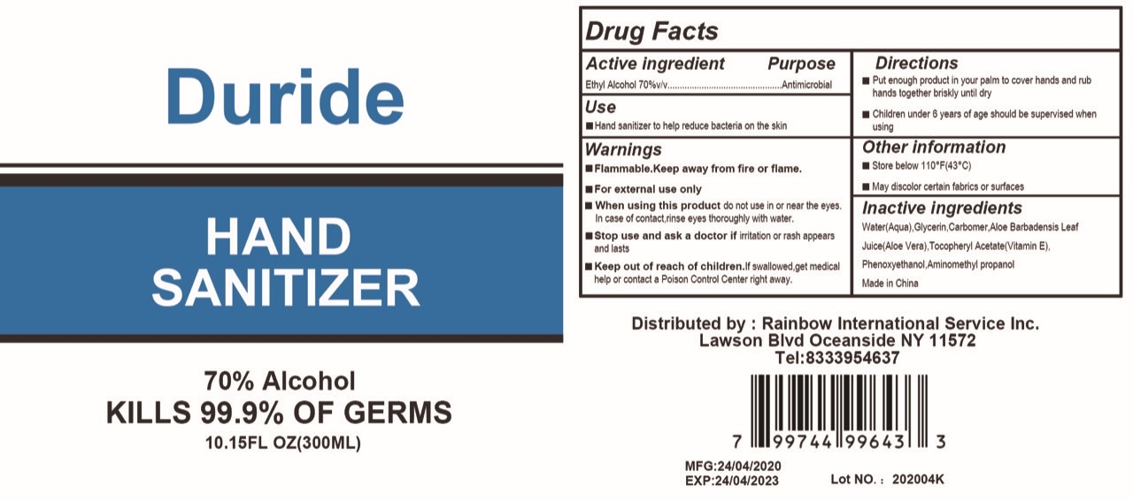 Duride Hand Sanitizer Label