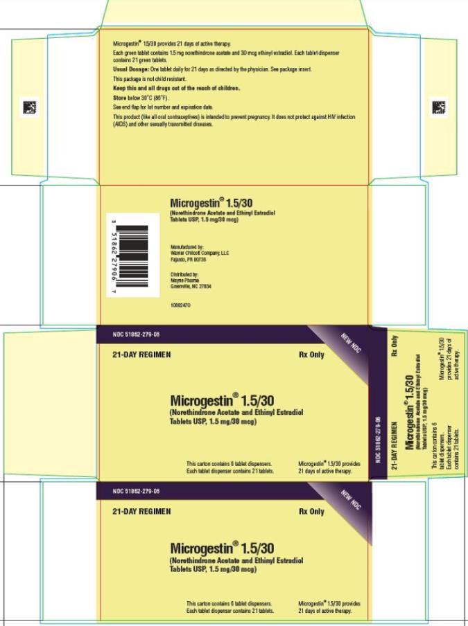 PRINCIPAL DISPLAY PANEL
NDC: <a href=/NDC/51862-279-06>51862-279-06</a>
Microgestin 1.5/30
(Norethindrone Acetate and Ethinyl Estradiol
Tablets USP, 1.5 mg/ 30 mcg)
6 Tablets Dispensers
21 Day Regimen
