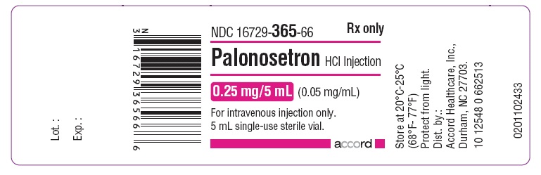 PRINCIPAL DISPLAY PANEL NDC: <a href=/NDC/16729-365-66>16729-365-66</a> palonosetron HCl injection 0.25 mg/5 mL (0.05 mg/mL) For intravenous injection only. 5 mL single-use sterile vial.