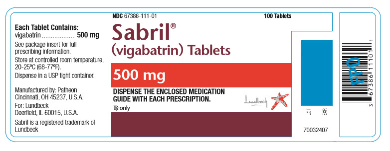 NDC: <a href=/NDC/67386-111-01>67386-111-01</a> Sabril® (vigabatrin) Tablets 500 mg DISPENSE THE ENCLOSED MEDICATION GUIDE WITH EACH PRESCTIPTION. Rx only 100 Tablets