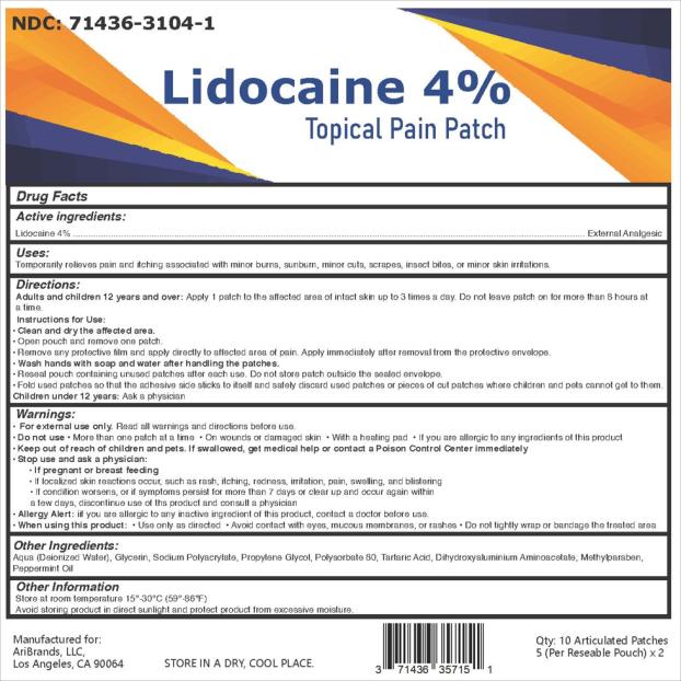 Lidocaine 4% Patch
NDC: <a href=/NDC/71436-3104-1>71436-3104-1</a>
10 Patches per Box

AriBrands, LLC
