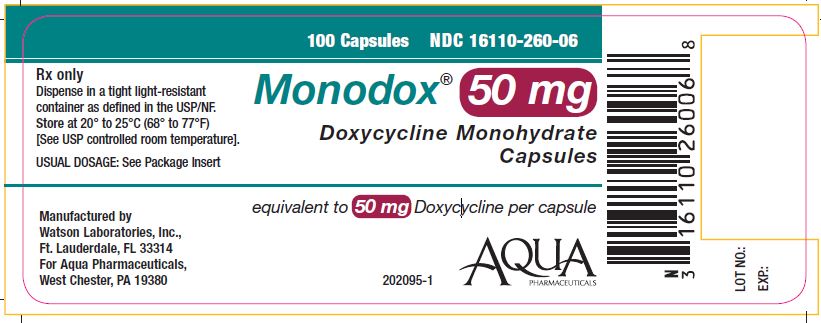 Monodox® 50 mg Doxycycline Monohydrate Capsules NDC: <a href=/NDC/16110-260-06>16110-260-06</a> 100 capsule count bottle label