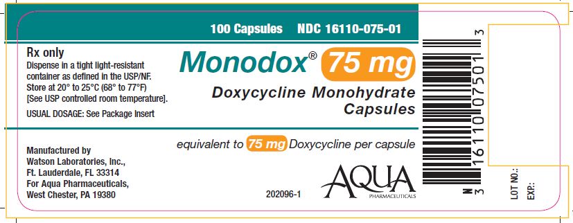 Monodox® 75 mg Doxycycline Monohydrate Capsules NDC: <a href=/NDC/16110-075-01>16110-075-01</a> 100 capsule count bottle label