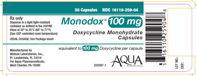Monodox® 100 mg Doxycycline Monohydrate Capsules NDC: <a href=/NDC/16110-259-04>16110-259-04</a> 50 capsule count bottle label
