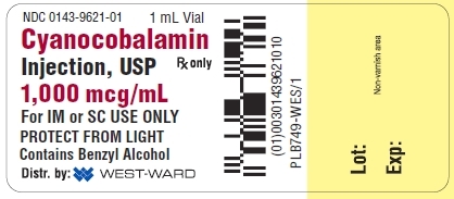 NDC: <a href=/NDC/0143-9621-01>0143-9621-01</a> 1 mL Vial Cyanocobalamin Injection, USP Rx only 1,000 mcg/mL For IM or SC USE ONLY PROTECT FROM LIGHT Contains Benzyl Alcohol