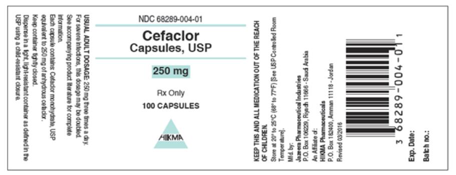 PRINCIPAL DISPLAY PANEL
NDC: <a href=/NDC/68289-004-01>68289-004-01</a>
Cefaclor Capsules, USP
250 mg
100 Capsules
Rx Only
