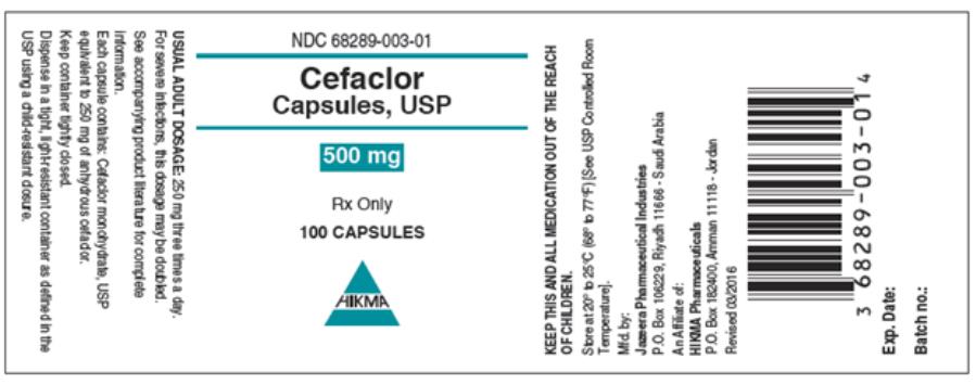PRINCIPAL DISPLAY PANEL
NDC: <a href=/NDC/68289-003-01>68289-003-01</a>
Cefaclor Capsules, USP
500 mg
100 Capsules
Rx Only
