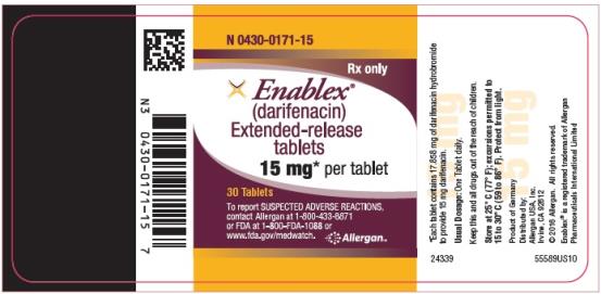PRINCIPAL DISPLAY PANEL
NDC: <a href=/NDC/0430-0171-15>0430-0171-15</a>
Rx only
Enablex® (darifenacin) Extended-release tablets
15 mg* per tablet
30 Tablets
To report SUSPECTED ADVERSE REACTIONS, 
contact Allergan at 1-800-433-8871 
or FDA at 1-800-FDA-1088 or 
www.fda.gov/medwatch.
