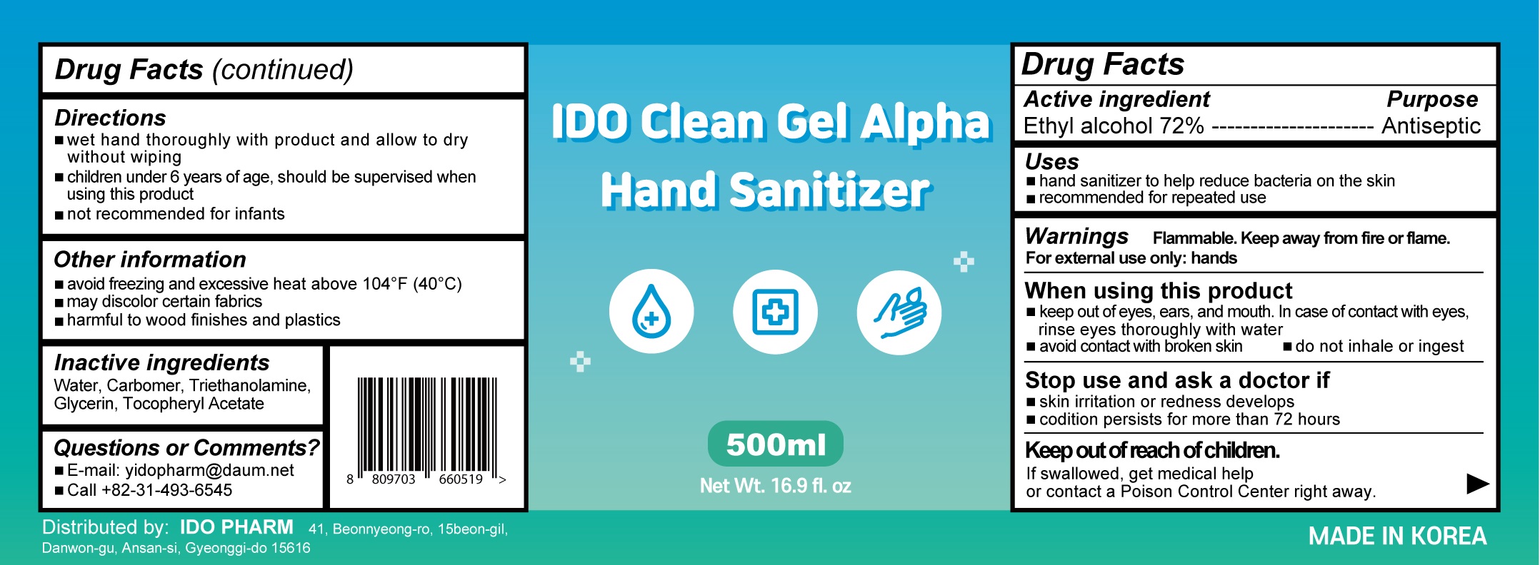 Ido Clean Gel Alpha Hand Sanitizer 500 ml Alc 72