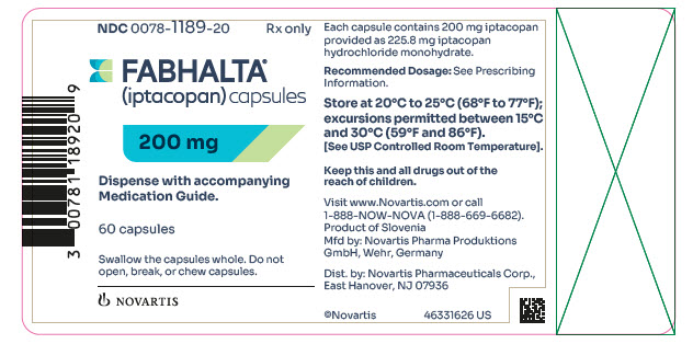 PRINCIPAL DISPLAY PANEL
								NDC: <a href=/NDC/0078-1189-20>0078-1189-20</a>
								Rx only
								FABHALTA®
								(iptacopan) capsules
								200 mg
								Dispense with accompanying Medication Guide.
								60 capsules
								Swallow the capsules whole. Do not open, break, or chew capsules.
								NOVARTIS
							