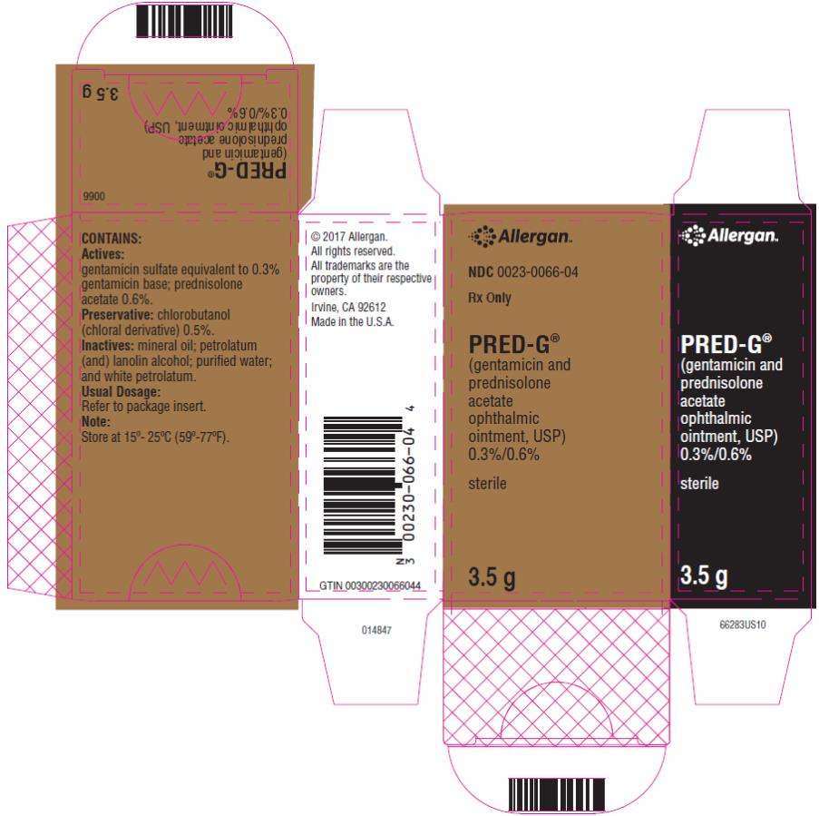 NDC: <a href=/NDC/0023-0066-04>0023-0066-04</a>
Rx Only
PRED-G
(gentamicin and 
prednisolone 
acetate 
ophthalmic 
ointment, USP)
0.3 % 0.6 %
Sterile
3.5 g
