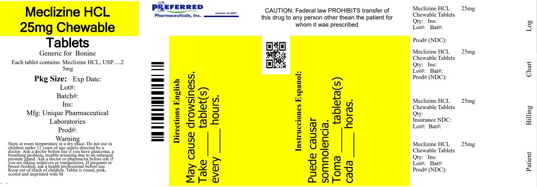 Meclizine HCL 25mg Chewable Tablets