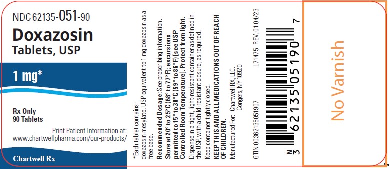 Doxazosin Tablets, USP 1 mg - NDC: <a href=/NDC/62135-051-90>62135-051-90</a> - 90's Bottle Label