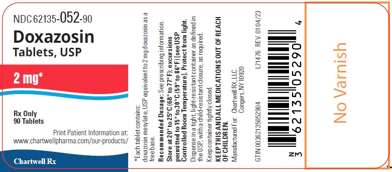 Doxazosin Tablets, USP 2 mg - NDC: <a href=/NDC/62135-052-90>62135-052-90</a> - 90's Bottle Label