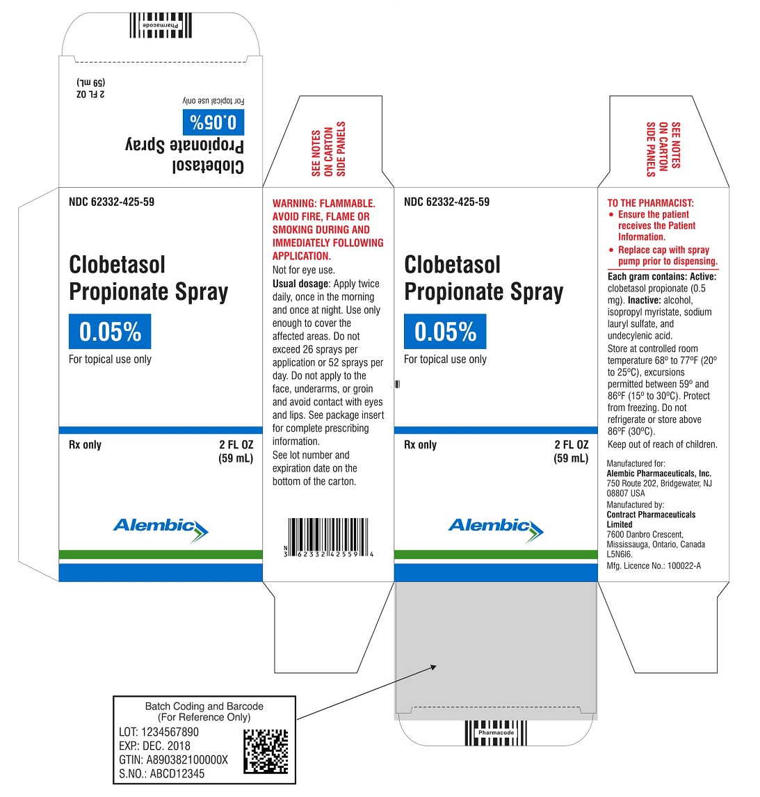 Rx Only 

NDC: <a href=/NDC/62332-425-59>62332-425-59</a>

Clobetasol Propionate

Spray

0.05%

For topical use only

2 FL OZ
					(59 mL)